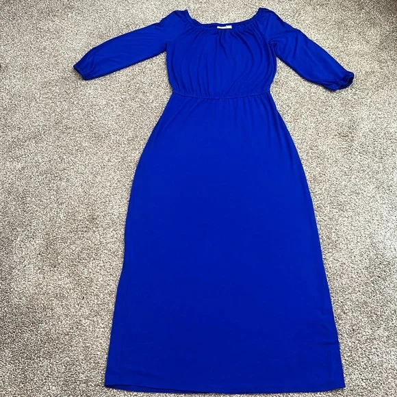 Chico's | Dresses | Chicos Long Maxi Jersey Dress Royal Blue Elastic Neck  Sleeves | Poshmark